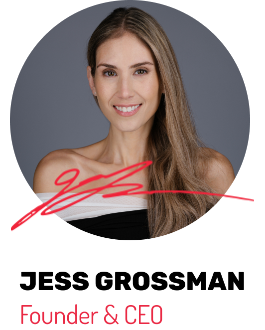 is-jess-profile-sign Jess Grossman, Founder & CEO profile image with red signature.